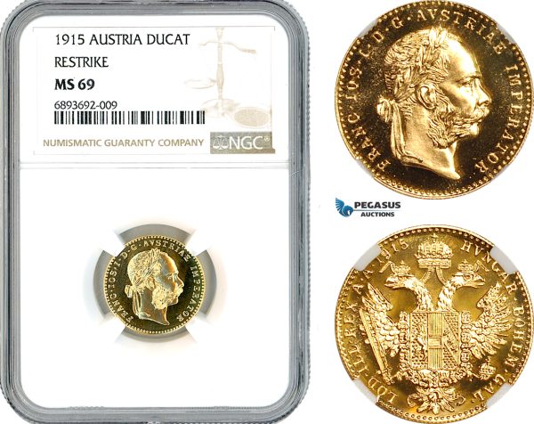 AK877, Austria, Franz Joseph, Restrike 1 Ducat 1915, Vienna Mint, Gold, NGC MS69
