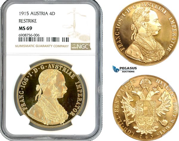 AK878, Austria, Franz Joseph, Restrike 4 Ducats 1915, Vienna Mint, Gold, NGC MS69