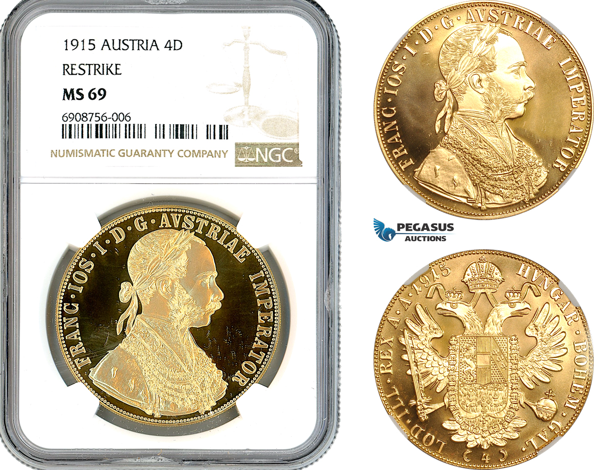 AK878, Austria, Franz Joseph, Restrike 4 Ducats 1915, Vienna Mint, Gold, NGC MS69