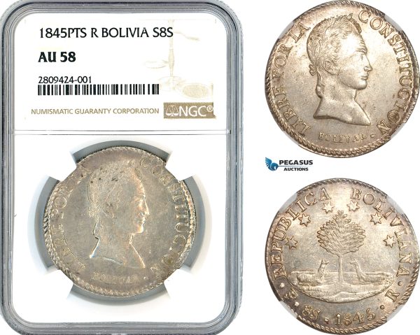 AK879, Bolivia, 8 Soles 1845 PTS R, Potosi Mint, Silver, NGC AU58 (Looks like a small MS in hand)