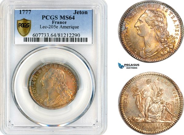 AK881, France & United States, Louis XVI, 1777 Silver Medal, Lec-205e, "France aids America", PCGS MS64