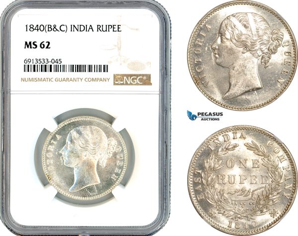 AK885, India (British) Victoria, 1 Rupee 1840 B&C, Silver, NGC MS62