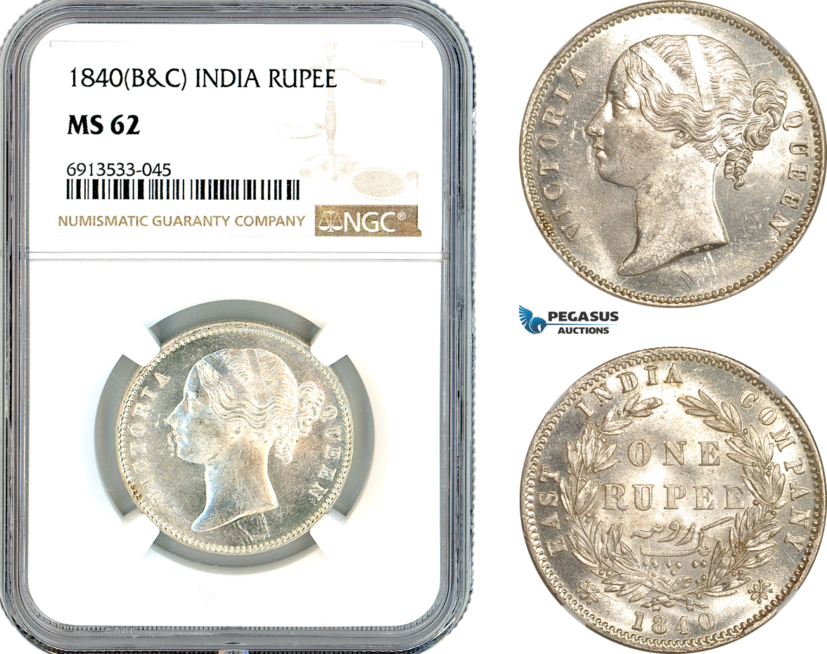AK885, India (British) Victoria, 1 Rupee 1840 B&C, Silver, NGC MS62