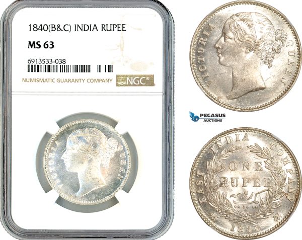 AK886, India (British) Victoria, 1 Rupee 1840 B&C, Silver, NGC MS63