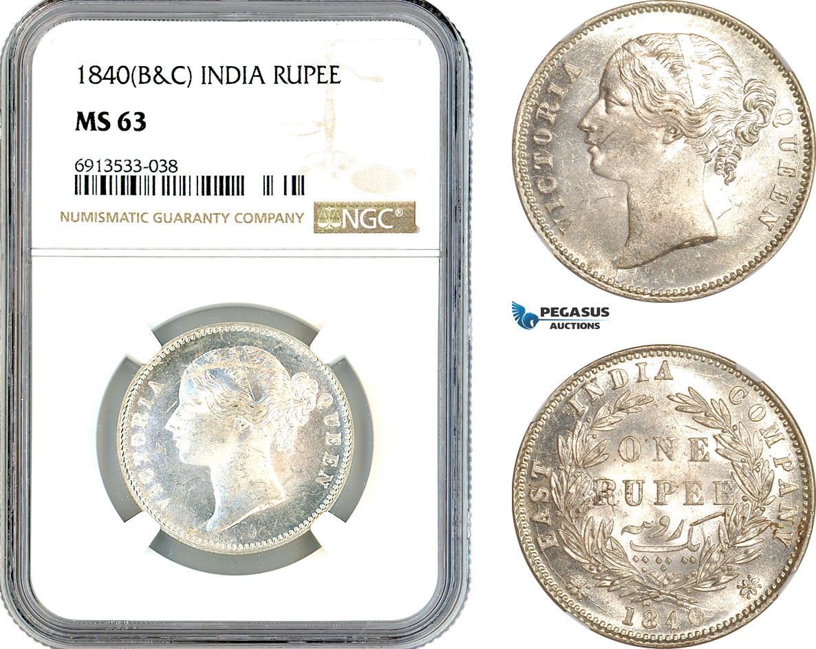 AK886, India (British) Victoria, 1 Rupee 1840 B&C, Silver, NGC MS63