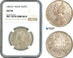 AK887, India (British) Victoria, 1 Rupee 1862 B, Bombay Mint, Silver, NGC AU58