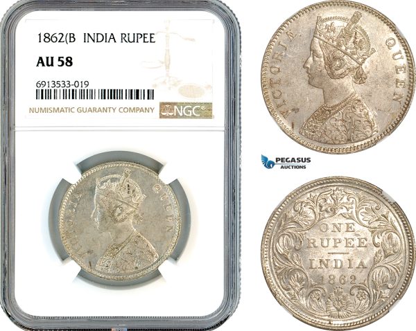 AK887, India (British) Victoria, 1 Rupee 1862 B, Bombay Mint, Silver, NGC AU58