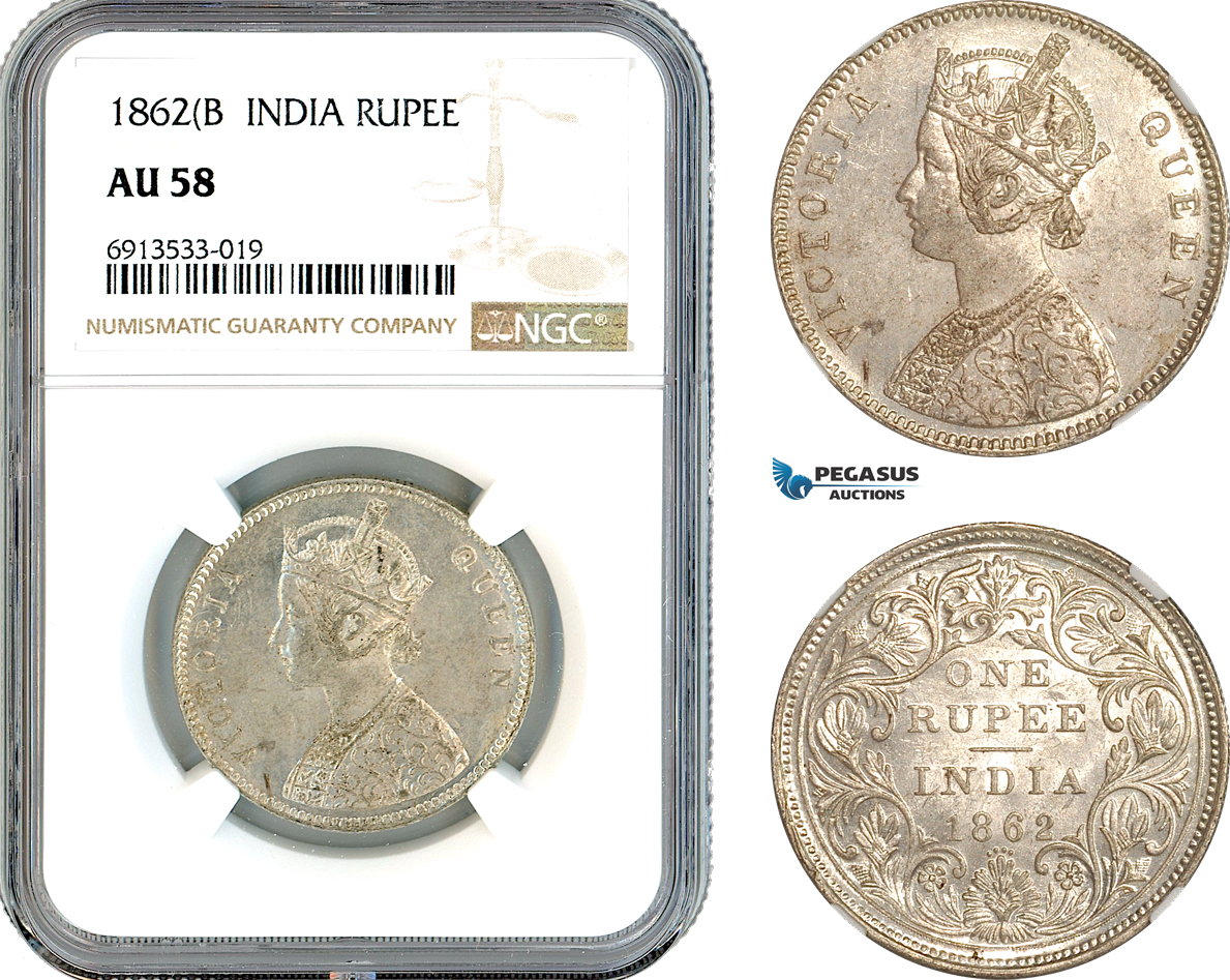 AK887, India (British) Victoria, 1 Rupee 1862 B, Bombay Mint, Silver, NGC AU58
