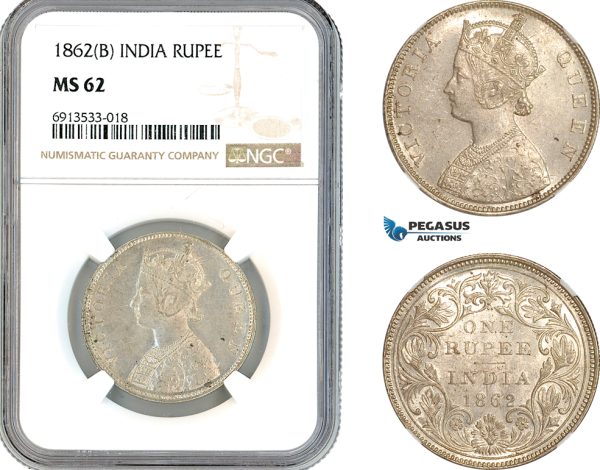 AK888, India (British) Victoria, 1 Rupee 1862 B, Bombay Mint, Silver, NGC MS62