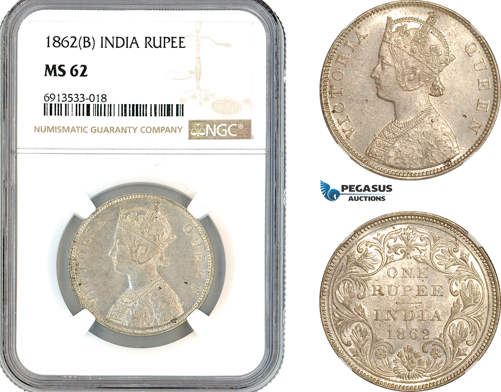 AK888, India (British) Victoria, 1 Rupee 1862 B, Bombay Mint, Silver, NGC MS62