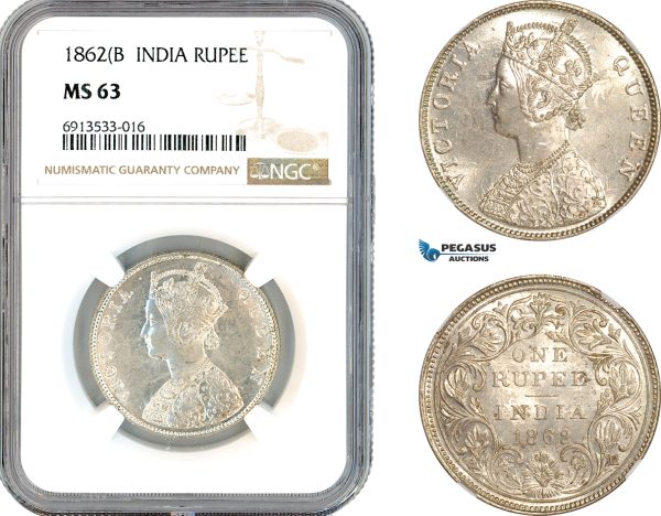 AK889, India (British) Victoria, 1 Rupee 1862 B, Bombay Mint, Silver, NGC MS63
