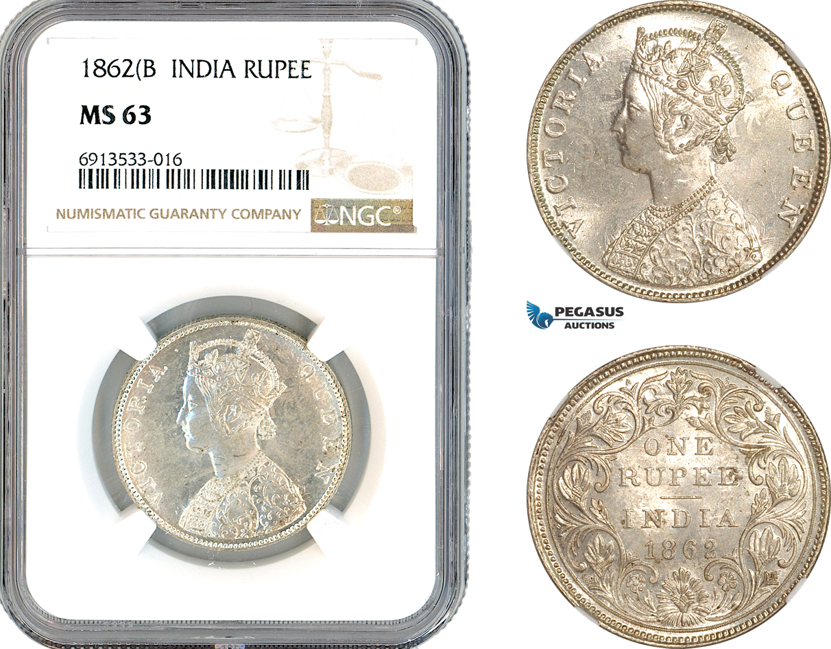 AK889, India (British) Victoria, 1 Rupee 1862 B, Bombay Mint, Silver, NGC MS63
