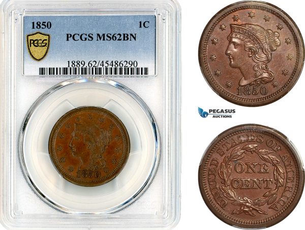 AK892, United States, Liberty Head Cent 1850, Philadelphia Mint, PCGS MS62BN