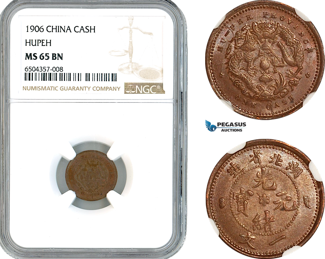 AK899, China, Hupeh, 1 Cash 1906, NGC MS65BN