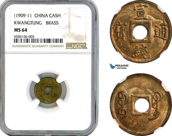 AK902, China, Kwangtung, 1 Cash ND (1909-11) Brass, NGC MS64
