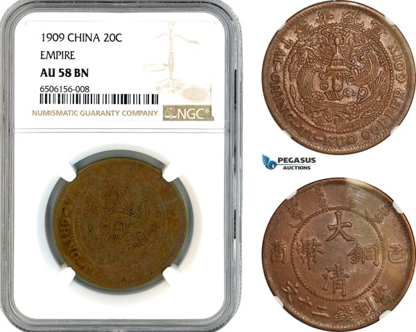 AK908, China, Empire, 20 Cash 1909, NGC AU58BN