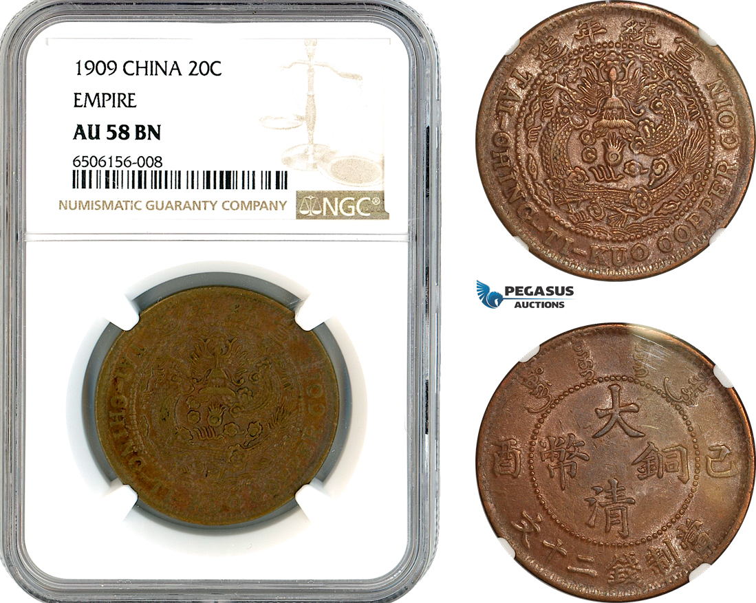 AK908, China, Empire, 20 Cash 1909, NGC AU58BN