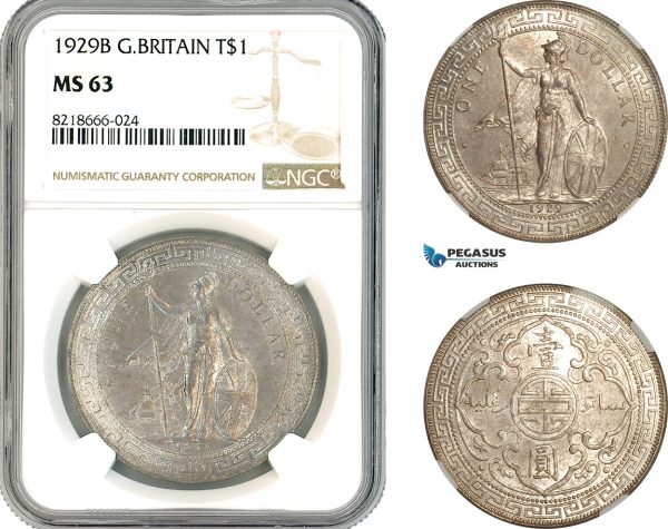 AK911, Great Britain, Trade Dollar 1929 B, Bombay Mint, Silver, NGC MS63