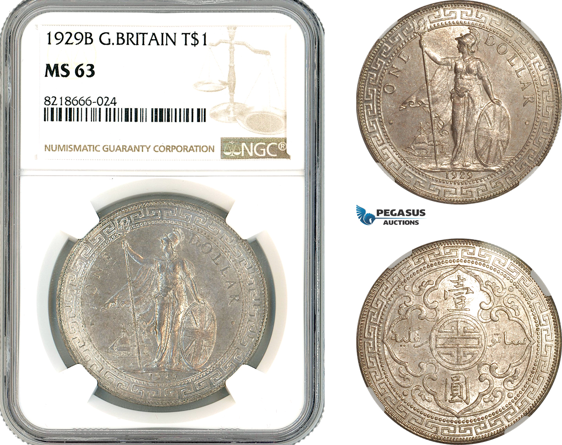 AK911, Great Britain, Trade Dollar 1929 B, Bombay Mint, Silver, NGC MS63