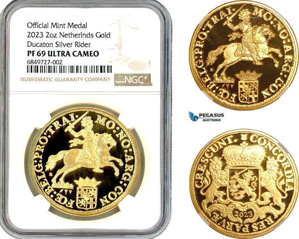 AK917, Netherlands, "Ducaton Restrike" Medal (2 oz) 2023 R, Houten Mint, Gold, KM# --, Mintage: 20 pcs, NGC PF69 Ultra Cameo