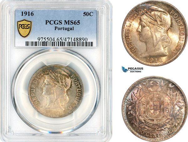 AK918, Portugal, 50 Centavos 1916, Lisbon Mint, Silver, PCGS MS65