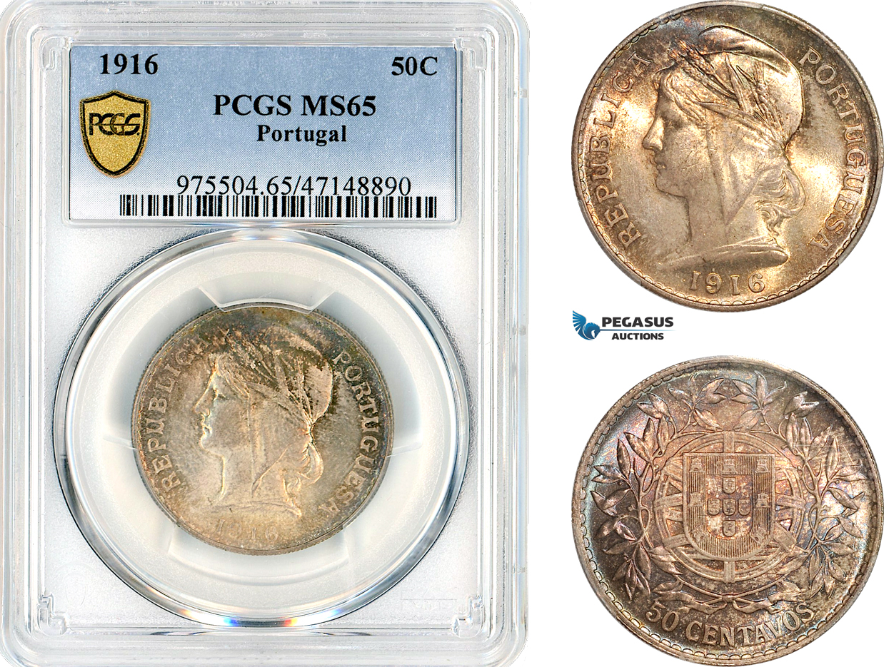 AK918, Portugal, 50 Centavos 1916, Lisbon Mint, Silver, PCGS MS65