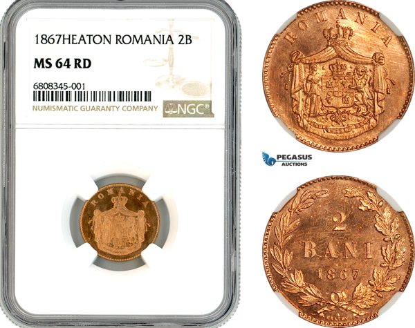 AK919, Romania, Carol I, 2 Bani 1867, Heaton Mint, NGC MS64RD