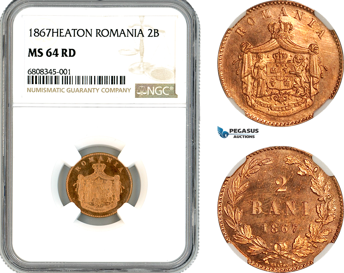 AK919, Romania, Carol I, 2 Bani 1867, Heaton Mint, NGC MS64RD