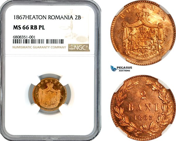 AK920, Romania, Carol I, 2 Bani 1867, Heaton Mint, NGC MS66RB PL