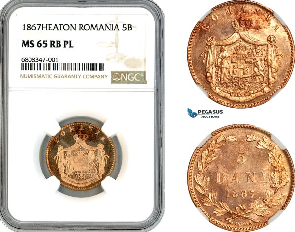 AK921, Romania, Carol I, 5 Bani 1867, Heaton Mint, NGC MS65RB PL