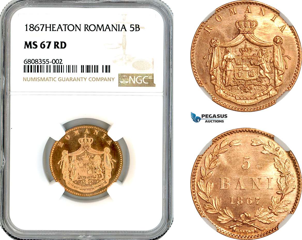 AK922, Romania, Carol I, 5 Bani 1867, Heaton Mint, NGC MS67RD, Top Pop!