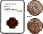 AK923, Romania, Carol I, 5 Bani 1885 B, Bucharest Mint, NGC MS65BN, Top Pop!