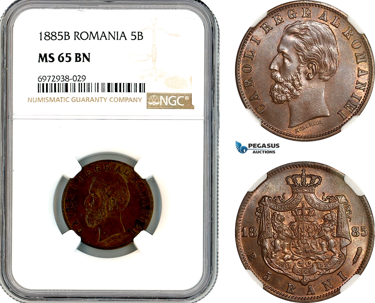 AK923, Romania, Carol I, 5 Bani 1885 B, Bucharest Mint, NGC MS65BN, Top Pop!