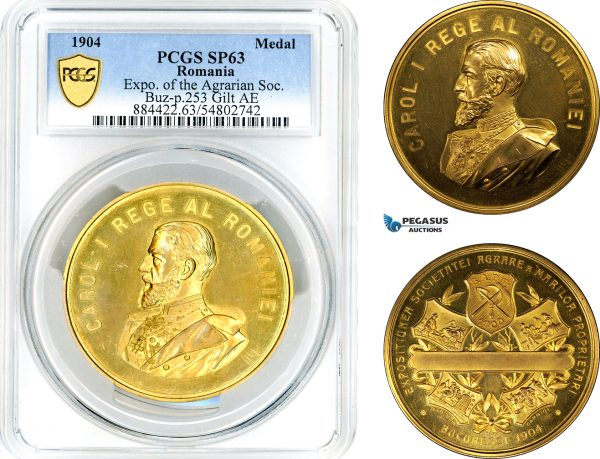 AK924, Romania, Carol I, 1904 Gilt Bronze Medal, Agricultural Society Exhibition, PCGS SP63