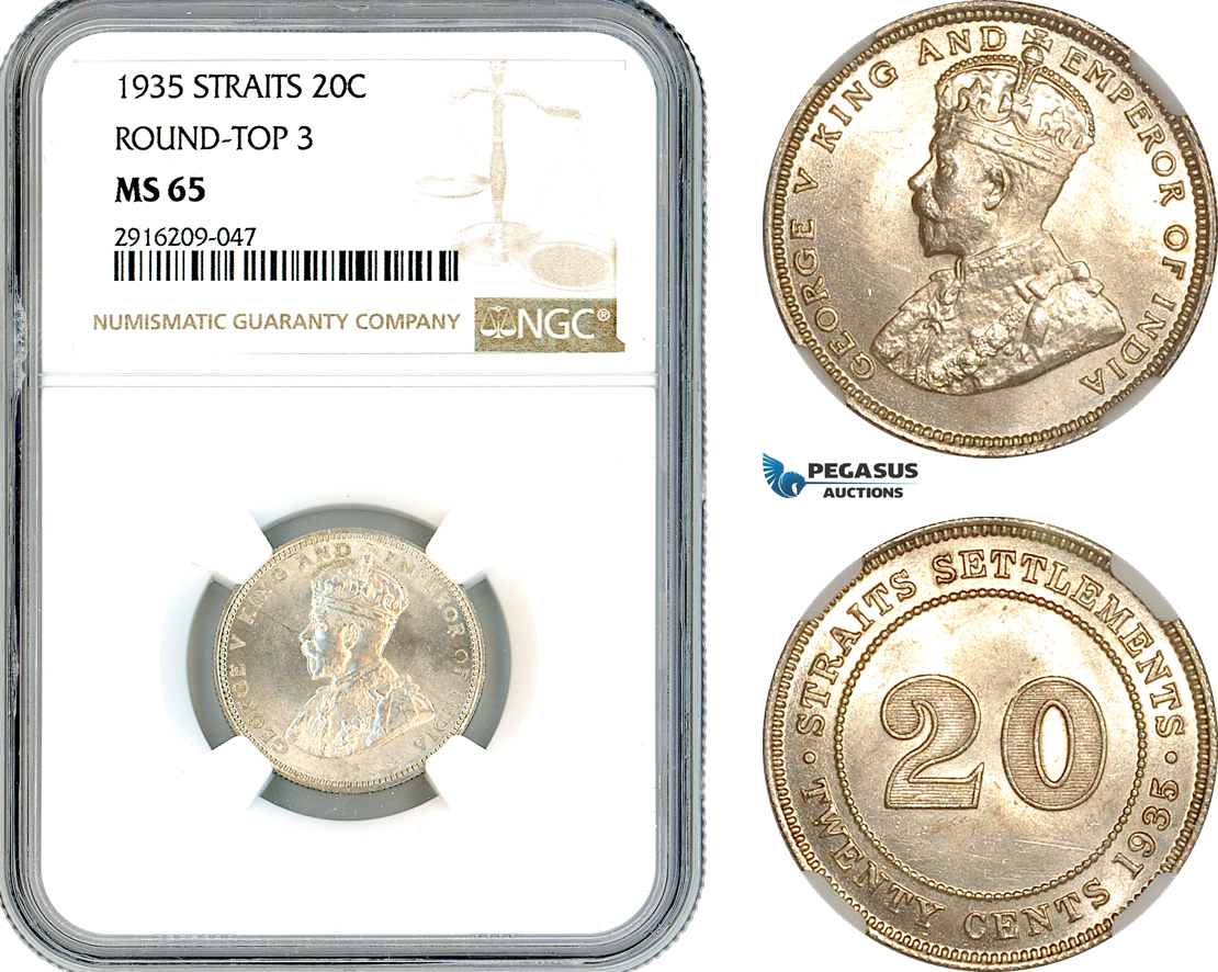 AK926, Straits Settlements, George V, 20 Cents 1935, Round-Top 3, Silver, NGC MS65