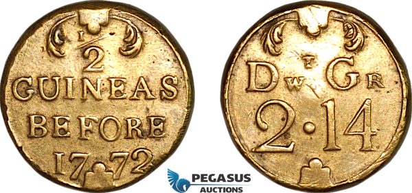 AK931, Great Britain & Ireland, George III, Monetary Weight for 1/2 Guinea, Before 1772 (3.92g), EF-