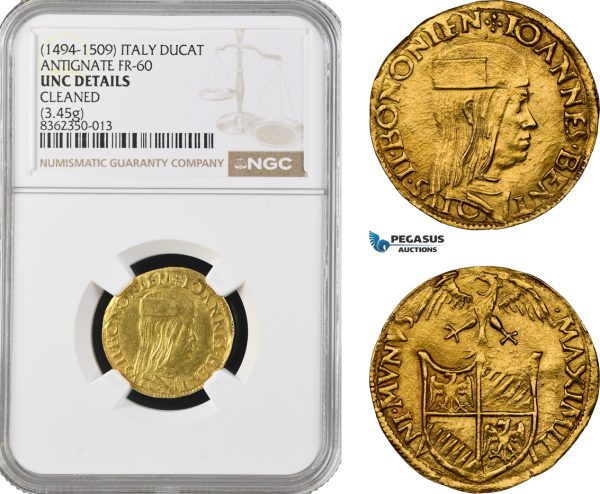 AK940, Italy, Bologna. Giovanni II Bentivoglio, Ducato ND (1494-1509) Gold (3.45g) Antignate, Fr-60, MIR-40, NGC UNC Det. Extremely Rare!