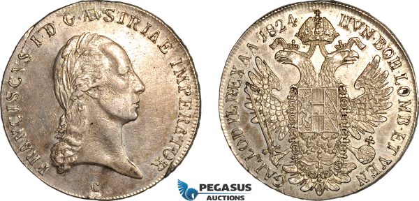 AK942, Austria, Franz II, 1 Taler 1824 C, Prague Mint, Silver, ex-mount, AU