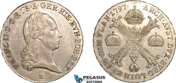 AK943, Austrian Netherlands, Franz II, Kronentaler 1797 B, Kremnitz Mint, Silver, Cleaned AU