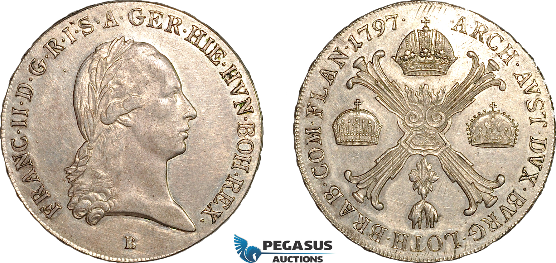 AK943, Austrian Netherlands, Franz II, Kronentaler 1797 B, Kremnitz Mint, Silver, Cleaned AU