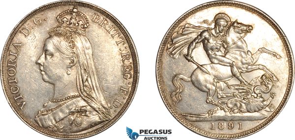 AK954, Great Britain, Victoria, Crown 1891 (Jubilee Head) London Mint, Silver, Cleaned, AU