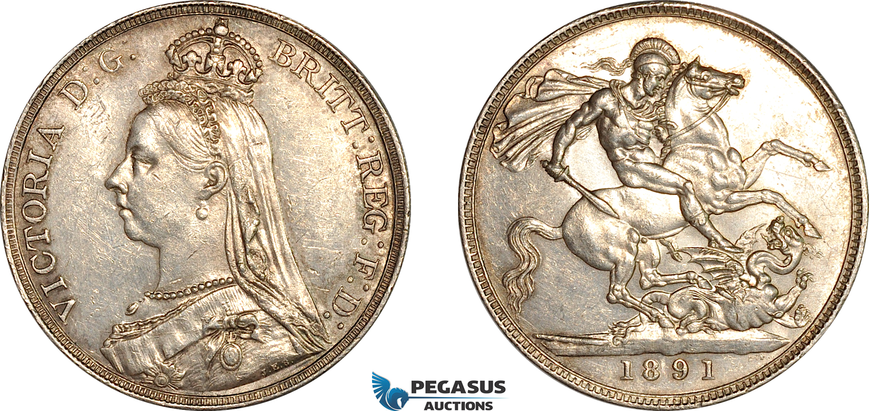 AK954, Great Britain, Victoria, Crown 1891 (Jubilee Head) London Mint, Silver, Cleaned, AU