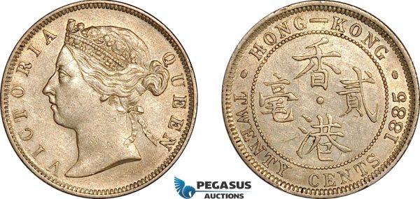 AK956, Hong Kong, Victoria, 20 Cents 1885, London Mint, Silver, Light cleaning, AU
