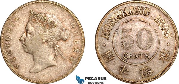 AK957, Hong Kong, Victoria, 50 cents 1893, London Mint, Silver, Light cleaning, XF