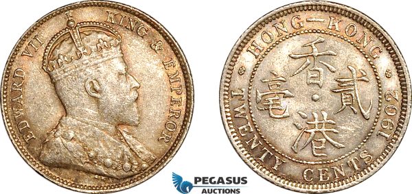 AK958, Hong Kong, Edward VII, 20 Cents 1902, London Mint, Silver, Light cleaning, AU-UNC
