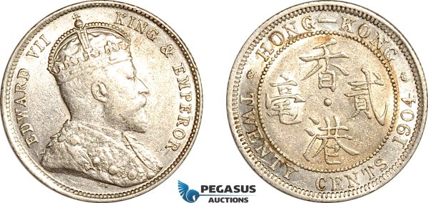 AK959, Hong Kong, Edward VII, 20 Cents 1904, London Mint, Silver, Cleaned, XF-AU