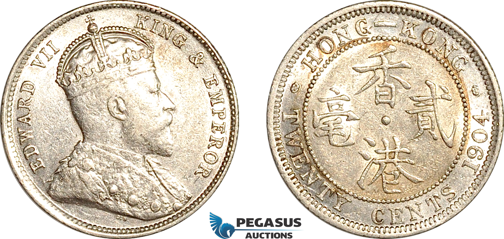 AK959, Hong Kong, Edward VII, 20 Cents 1904, London Mint, Silver, Cleaned, XF-AU