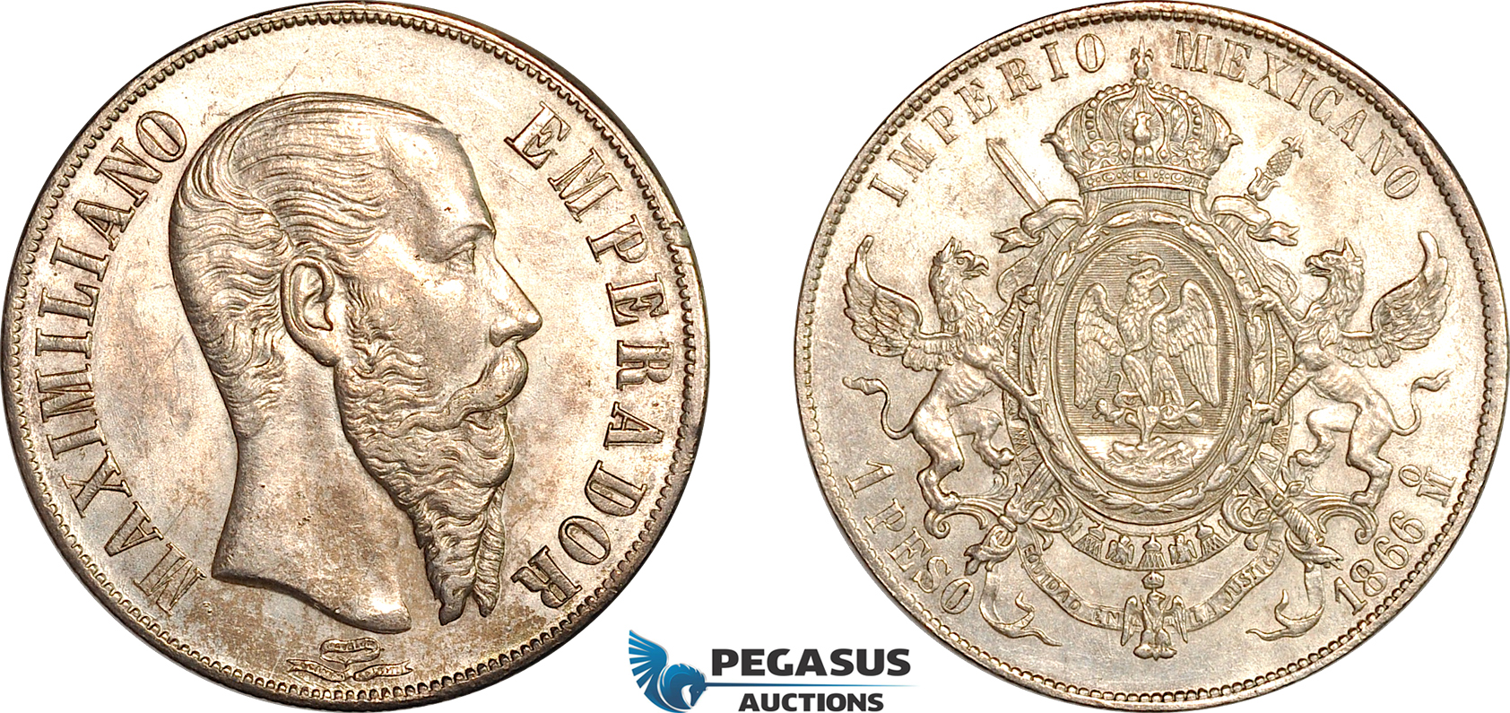 AK963, Mexico, Maximillian, 1 Peso 1866 Mo, Mexico City Mint, Silver, Light cleaning, AU-UNC
