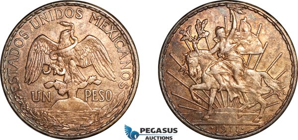 AK964, Mexico, 1 Peso 1911 "Caballito" Mexico City Mint, Silver, Light cleaning, AU