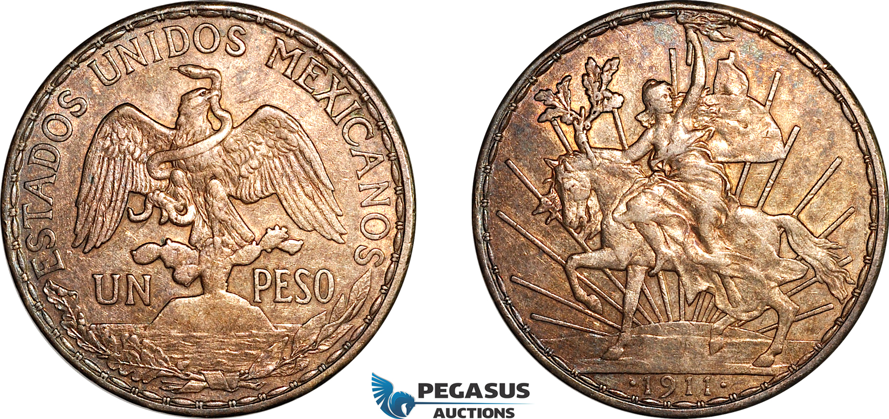 AK964, Mexico, 1 Peso 1911 "Caballito" Mexico City Mint, Silver, Light cleaning, AU